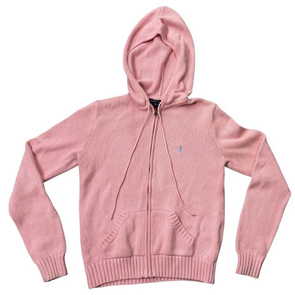 Ralph Lauren Kids Girls Hoodie Medium Pink Cotton Knit Zip Up Sweater Jacket - Picture 1 of 4